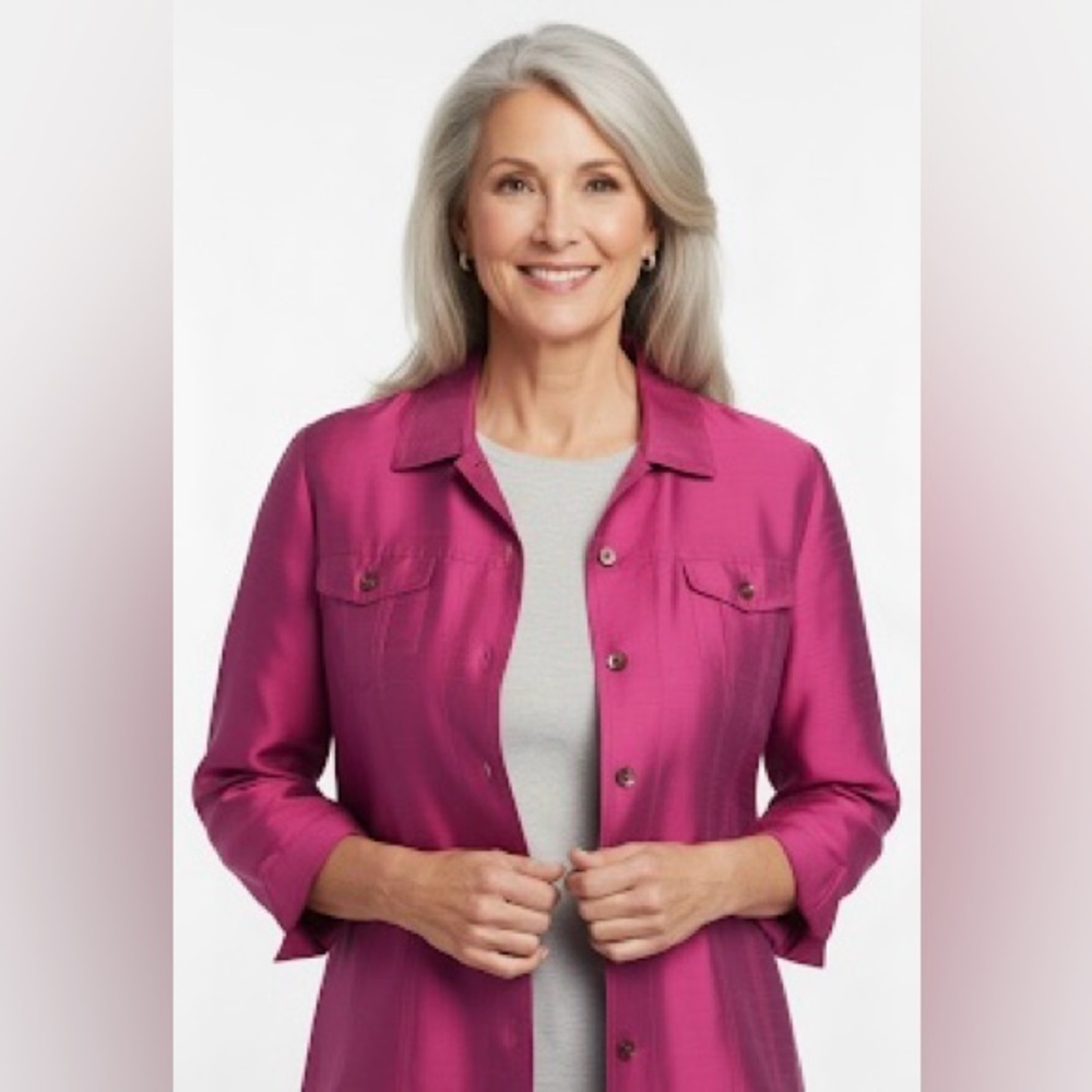 💖 Chico's Silk Textured Oversized Relaxed Fit Fuchsia Jacket Size 2